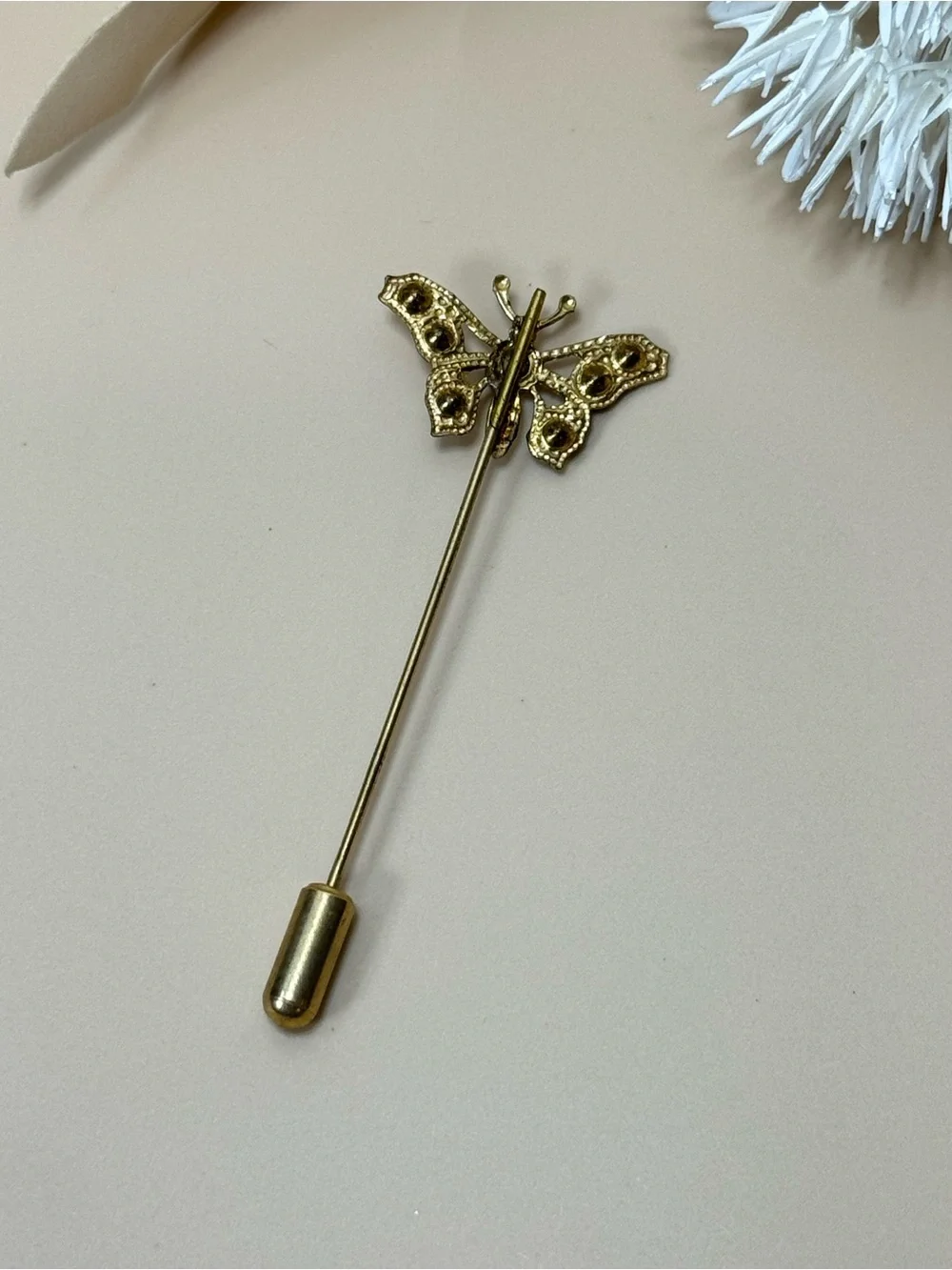 Vintage Gold Tone Butterfly Rhinestone Stick Pin Lapel Hat Scarf Pin